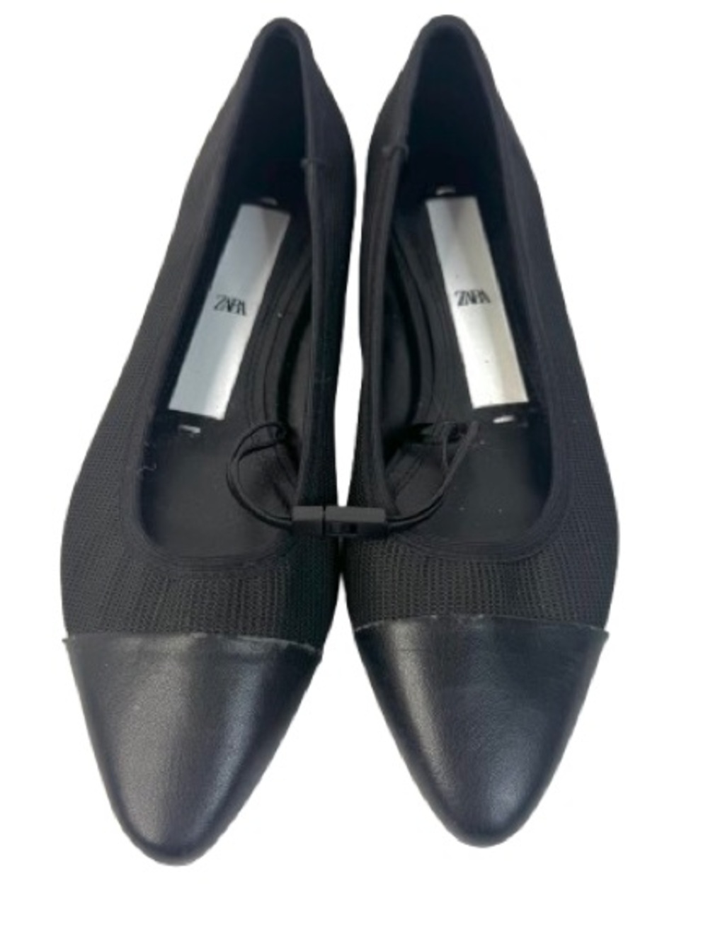 Zara Black Pointed Toe Knit Ballet Flats with Cap Toe